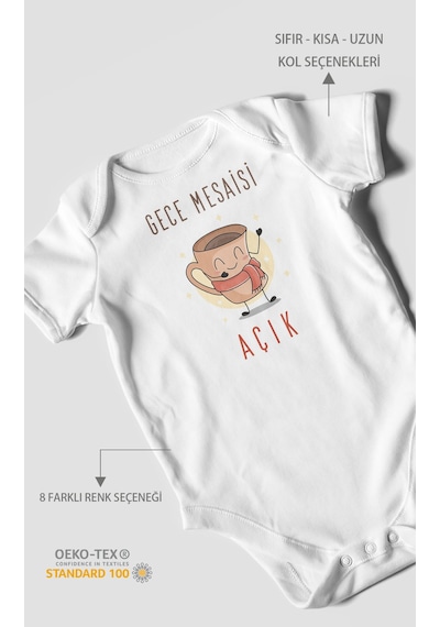 Gece Mesaisi Açık Baskılı Bebek Zıbını Çıtçıtlı Body %100 Pamuk Kısa Kol Beyaz