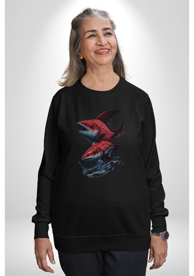 Kırmızı Japon Balığı Unisex Siyah Baskılı Sweatshirt Siyah