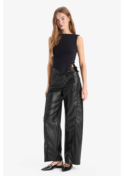 Defacto Wide Leg Fermuarlı Normal Bel Standart Boy Suni Deri Pantolon G1048ax25aubk81 Siyah