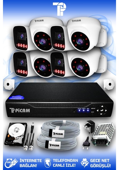 Picam 8 Kameralı Zebra 4 İç Kamera Set 320 Gb 5 Mp 2k Net Gece Görüşlü Güvenlik Kamerası Sistemi