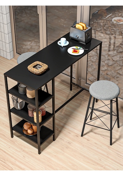 Retodesign Siyah Raflı Yuvarlak Tabureli Bar Takımı 4651s