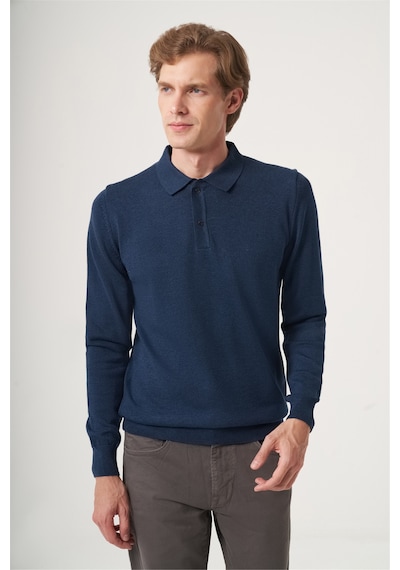 İmza İndigo Polo Yaka Uzun Kol Örme Comfort Fit Pamuklu Kazak 1012265150 Indigo Mavi