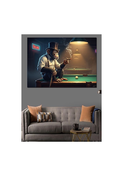 Bilardo Salonunda Sigara İçen Maymun Yağlı Boya Dokulu Kanvas Tablo Canvas Tablosu
