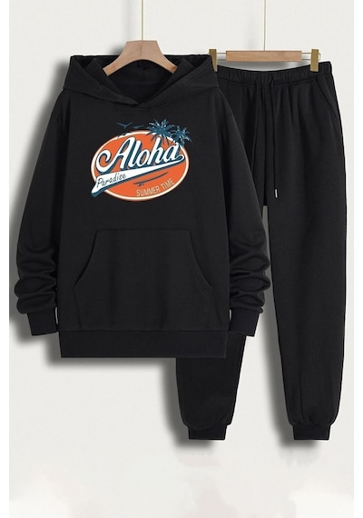 Uyguntarz Unisex Aloha Baskılı Eşofman Takımı Siyah