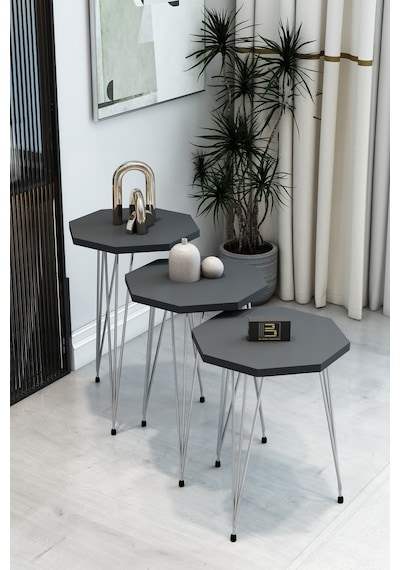 3'lü Sekizgen Zigon Sehpa Seti - Gümüş Metal Ayaklı, Modern & Şık Yan Sehpa, Dayanıklı Salon Ofis Antrasit
