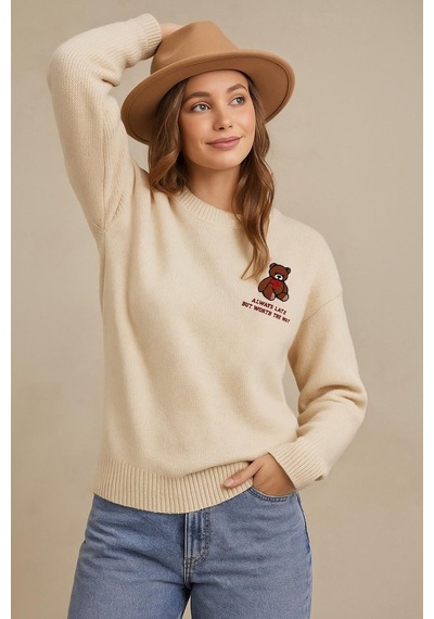 Fashion Friends Nakışlı Kadın Kazak 25k0313k1 Ekru