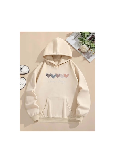 Medinenur Kalp Desenli Kapüşonlu Sweatshirt Bej