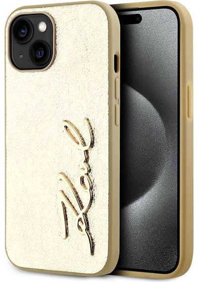 Apple Uyumlu iPhone  15 Kılıf Karl Lagerfeld Lisanslı 3d Kl Yazılı Tüylü Arka Yüzey Saffiano Rhinestones Gold
