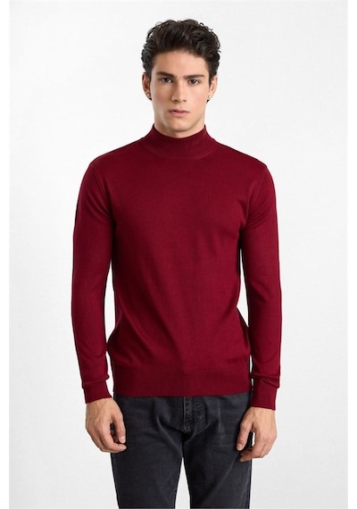 Süvari Koyu Bordo Regular Düz Örme Yarım Balıkçı Yaka Kazak Str2013700019-k09