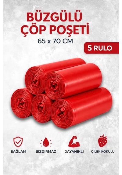 Büzgülü Çöp Poşeti Çilek Kokulu 65 70 Cm Büyük Boy 5 Rulo Dayanıklı Sızdırmaz Kalın Çöp Torbası