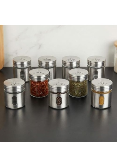 12&apos Li Metal Kaplı Cam Baharatlık Seti 60 Ml - Döner Başlıklı Paslanmaz Çelik Baharat Takımı Açık Bej