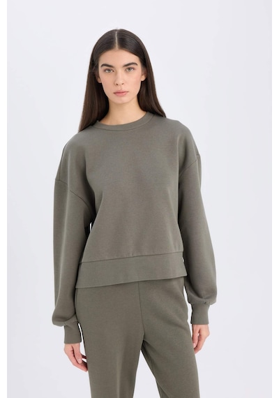 DeFacto Boxy Fit Bisiklet Yaka Kalın Basic Düz Sweatshirt B8568AX24WNKH422 Haki