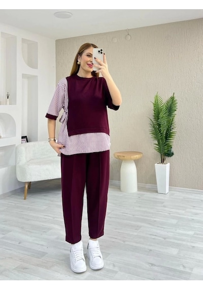 Defymoda Kadın Kristal 2 Iplik Kumaş Yanları Çizgili Takım Bordo