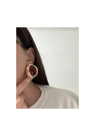 Lunarie Oval Vintage Statement Küpe 14k Gold Katmanlı Çerçeveli Bordo
