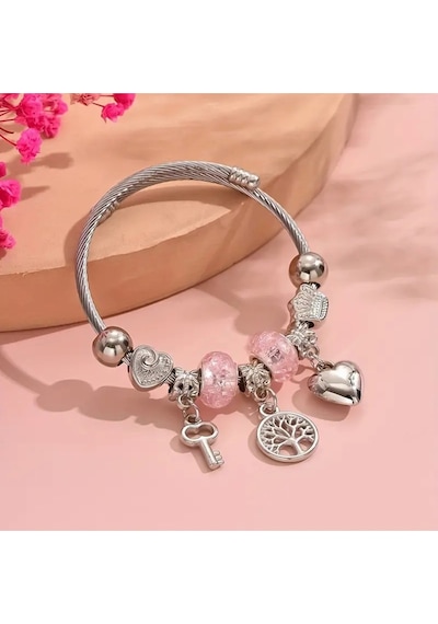 Yeni Tarz ,pembe Hayat Ağacı Crystal Kalp Aşk , Sevgi Charmlı Bileklik, Ahşap Kutu İçerisinde Gümüş Gümüş