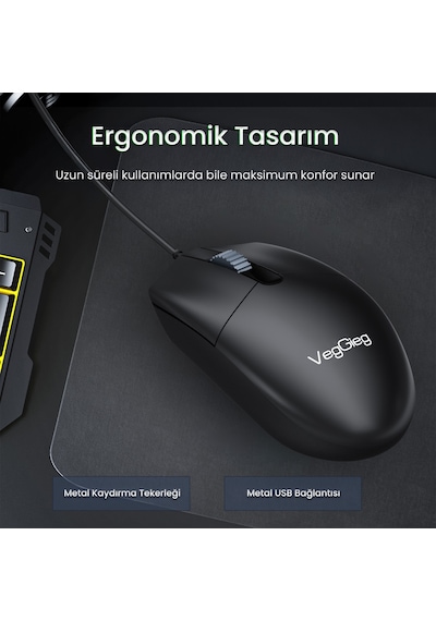 Veggieg G005 Optik 3 Tuşlu Sağ Ve Sol Elle Kullanıma Uygun Usb Kablolu Mouse Siyah Diğer