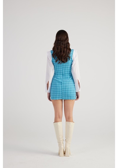 Holly Lolly Metal Düğme Detaylı Mini Tüvit Tweed Elbise Mavi