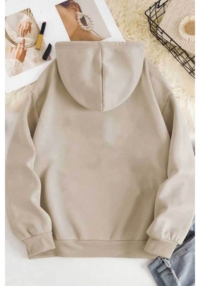 Medinenur Brooklyn Baskılı Unisex Kapüşonlu Sweatshirt Bej