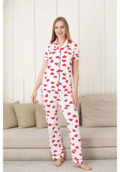Monox Kadın Önden Düğmeli Kısa Kol Likralı Kalp Baskılı Pijama Takımı Beyaz