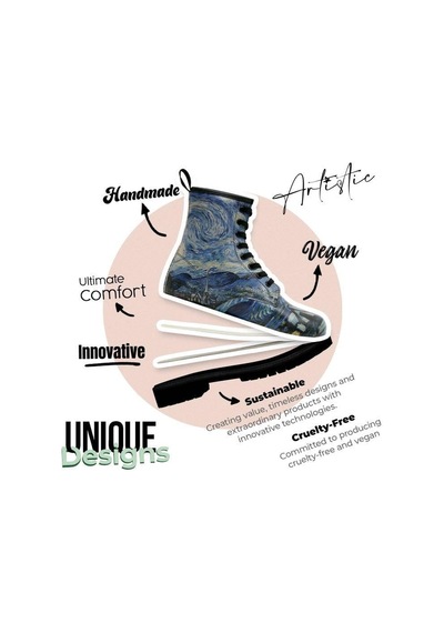 Kadın Vegan Deri Mavi Uzun Bot - Vincent Van Gogh The Starry Night Collage Muse Tasarım Multicolor