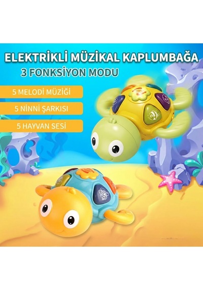 Mavi-sarı Renkli Mini Kaplumbağa Bebek Aktivite Aksesuarı - Devinimli Eğitici, Ledli Melodili Yenidoğan Hediyelik 6 Ay+