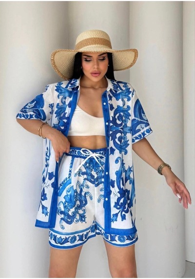 Asprin Fashion Keten Kumaş Şortlu Takım Mavi