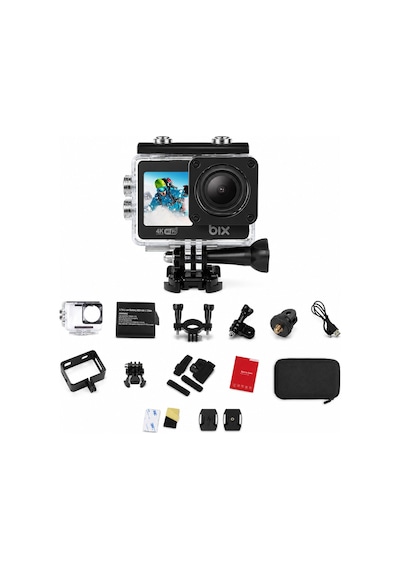 Bix Pulse 1 Wi-fi 4k 30fps Ultra Hd Aksiyon Kamerası Çift Ekranlı 30 Metre Su Geçirmez Kılıflı Vlog Bisiklet Motosiklet Kask Kamerası Siyah