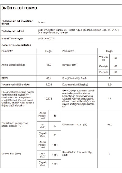 Bosch WGK264Y0TR Serie 6  11 KG 1400 Devir Çamaşır Makinesi