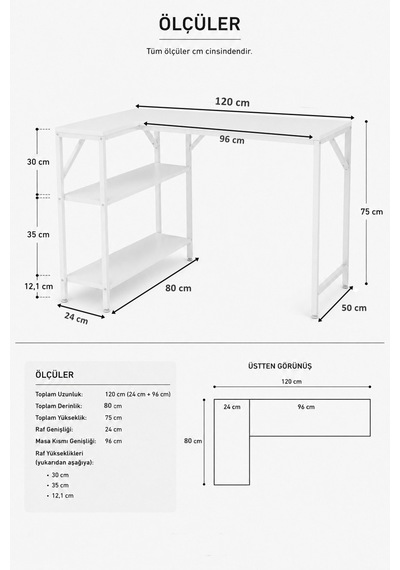 Beyaz L Masa, Kitaplıklı, Raflı, 120 Cm Çalışma Masası, Bilgisayar, Pc, Oyuncu, Gaming Masası Metal Ayaklı