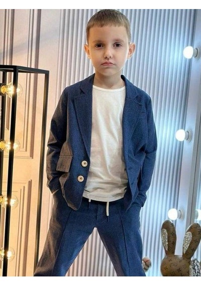 R.g Erkek Çocuk Keten Ceket T-shirt Pantolon 3lü Basic Takım Elbise-15870 Lacivert