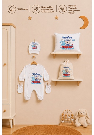 Pia Baby Erkek Bebek %100 Pamuk Hediye Seti 6 Lı İsimli Keseli Tulum Şapka Eldiven Battaniye Ve Yastık Kılıfı 1087tybkyx Krem