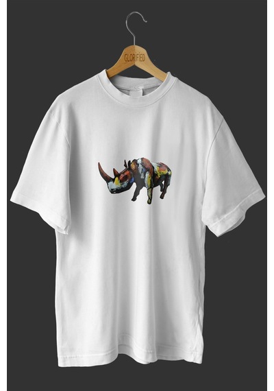 Noıssey -wed Renkli Gergedan Tasarım Baskılı Oversize T-shirt Tişört Beyaz