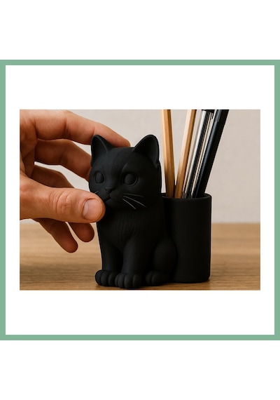 Bşkvirgo 3d Baskı Kedi Figürlü Kalemlik - Masaüstü Organizer - Siyah Bsk2026
