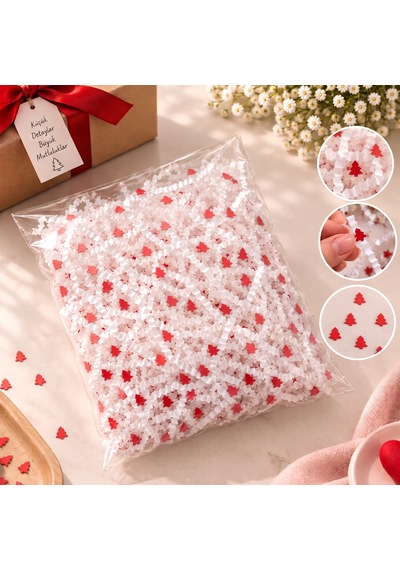 Kırpık Kağıt Z Zigzag 250 Gram Beyaz Renk Kırmızı Çam Ağacı Desenli Hediye Kutusu İçi Dolgu Kağıdı, Hediye Paketleme Ve Dekoratif Ambalaj Süsü