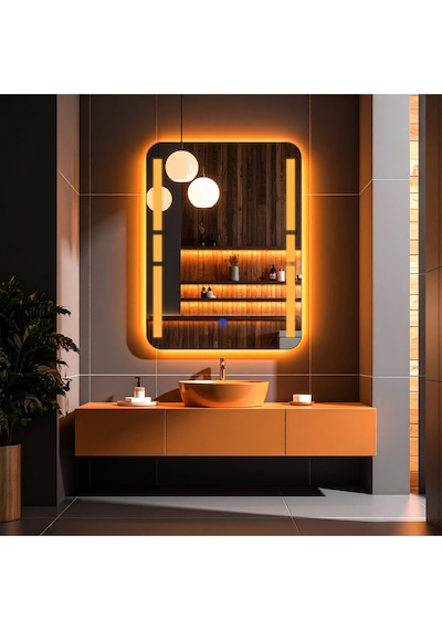 Drayno Amber Led'li Lazer Kumlamalı Lavabo & Banyo Aynası Dokunmatik Sensörlü 70 X 45 Turuncu