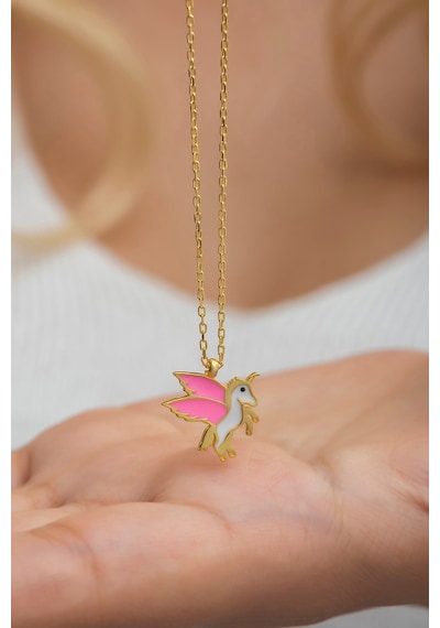 925 Ayar Gümüş Gold Pembe Mineli Unicorn Kolye