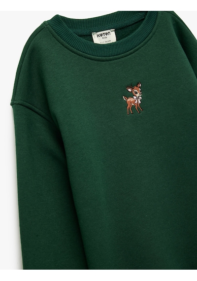 Koton Geyik Nakış Detaylı Uzun Kollu Bisiklet Yaka Şardonlu Sweatshirt Yeşil 6wkg10376ak