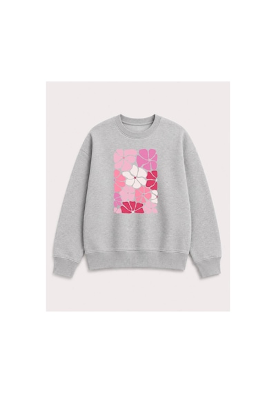 Herkesemoda Renkli Çiçekler Baskılı 2 İplik Şardonlu Bisiklet Yaka Sweatshirt Gri