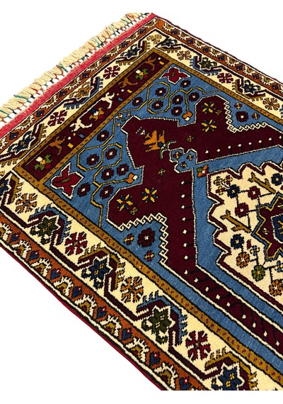 El Dokuma Koleksiyonluk Sıfır Yahyalı Halısı 93x157 Mavi Kırmızı Kök Boya %100 Yün Halı