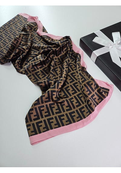 Miorel Scarfs F Desen İthal Vual İpek Şal Aksesuar Fular Silk Scarfs Shawl Hijab Kahve - Pembe Kenar