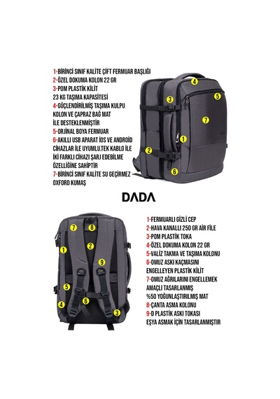 Dada USB Type-C Girişli Fonksiyonel Laptop Sırt ve Seyahat Çantası Gri 15,6 İnç 40 Litre