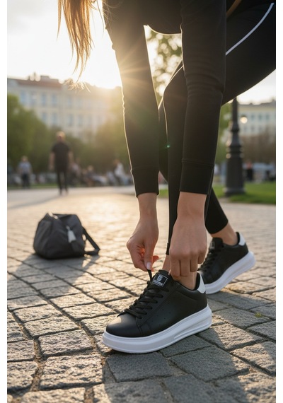 Enoch Kadın Yüksek Tabanlı Ortopedik Sneaker Yürüyüş Ayakkabısı Siyah Beyaz