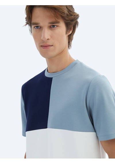 Mavi Düz Bisiklet Yaka T-shirt Mavi