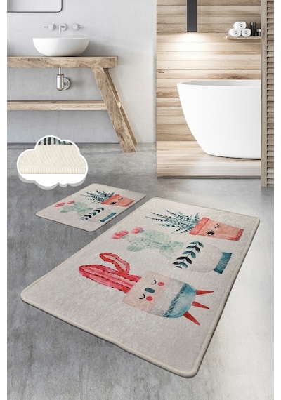 Happy Cactus 2 Lı Set Banyo Halısı, Paspas Çok Renkli