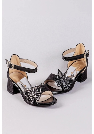 Nese Shoes Kelebekli Kız Çocuk Topuklu Ayakkabı, Simli, Şık, Yeni Sezon, Abiye Ayakkabı Siyah