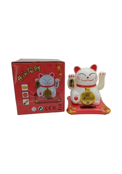 Maneki Neko El Sallayan Şans Kedisi Beyaz Solar Güneş Enerjili 10x10cm No4b01