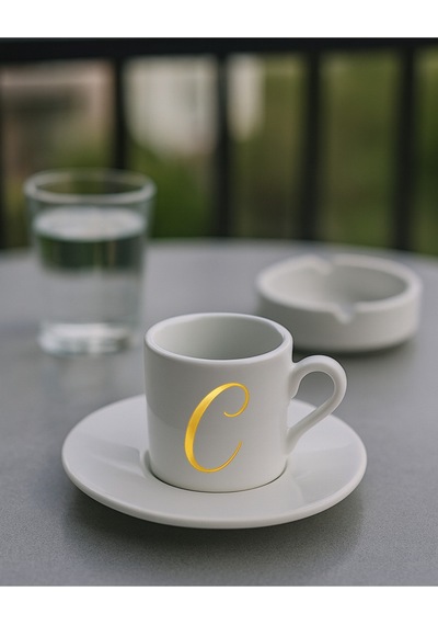 Türk Kahvesi Fincanı Harf, Espresso Fincanı Harf Beyaz - Altın18
