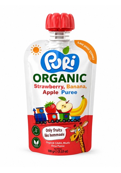 Organic %100 Organik Meyve Püresi Çilek Muz Elma 100 G İlave Şekersiz