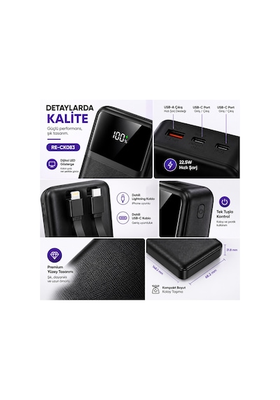 20000 Mah 22.5w Hızlı Şarj Powerbank Dahili Type-c Ve Lightning Kablolu Dijital Göstergeli- Re-ck083 Diğer