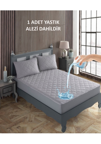 Tek Kişilik Alez Seti %100 Pamuk Kapitone Su Sıvı Geçirmez Yatak Yastık Alezi Yatak Yastık Koruyucu Gri
